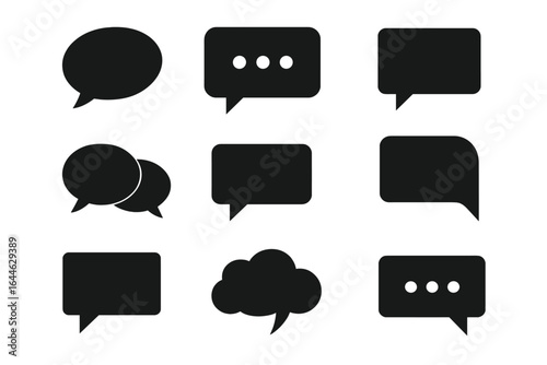 Chat bubbles vector icon set. Black speech bubble collection for digital messaging and communication. Graphic design elements for talk, social media, comment, and quote.
