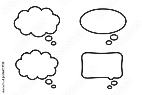 Thinking cloud and thought bubble vector icon set. Multiple versions in different shapes for brainstorming, design concepts, and creative ideas. Comic style communication.