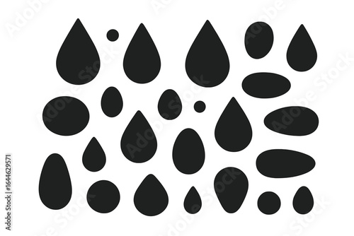 Collection of diverse droplet shapes. Minimalist abstract vector icons. Black liquid forms like water, rain, oil, or tears. Graphic elements for logo, pattern, texture design.