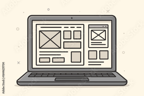 UI UX design and web development concept. Website wireframe and prototype on a laptop screen. Web page layout sketch. User interface technology. Vector cartoon illustration.