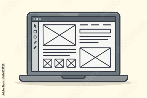 Website prototype and wireframe on laptop screen. Web page development, UI UX design process with sketch software. App layout planning, user interface prototyping concept. Vector.