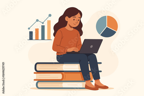 Online education, financial literacy. Woman student on books with laptop studies data analysis. Investment growth graph, statistics research. E-learning, knowledge concept.