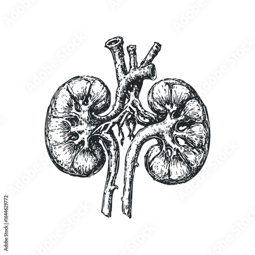 Detailed Sketch of Human Kidney Anatomy with Blood Vessels