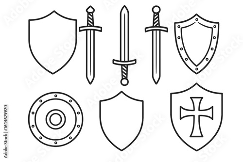 Set of medieval shields and swords. Line art vector icons. Knight armor and weapon collection for battle or heraldry. Crusader cross shield. Outline illustration isolated.