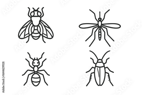 Pest control icon collection. Vector linear symbols of fly, mosquito, ant, cockroach. Bug outlines for hygiene, sanitation, parasite warning, and exterminator design.