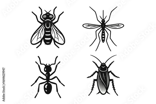 Pest control insect icon set. Vector illustrations of a fly, mosquito, ant, and cockroach. Black linear silhouettes for exterminator and hygiene services. Bug symbols.