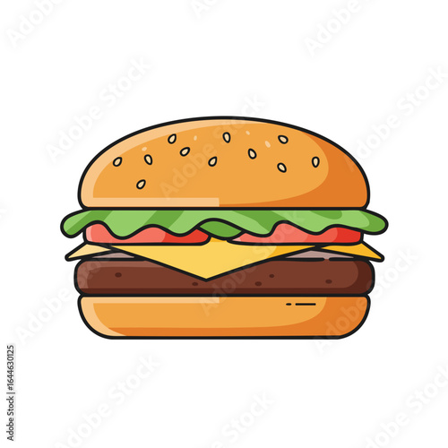 Cartoon burger with sesame seeds, lettuce, tomato, cheese, and beef patty