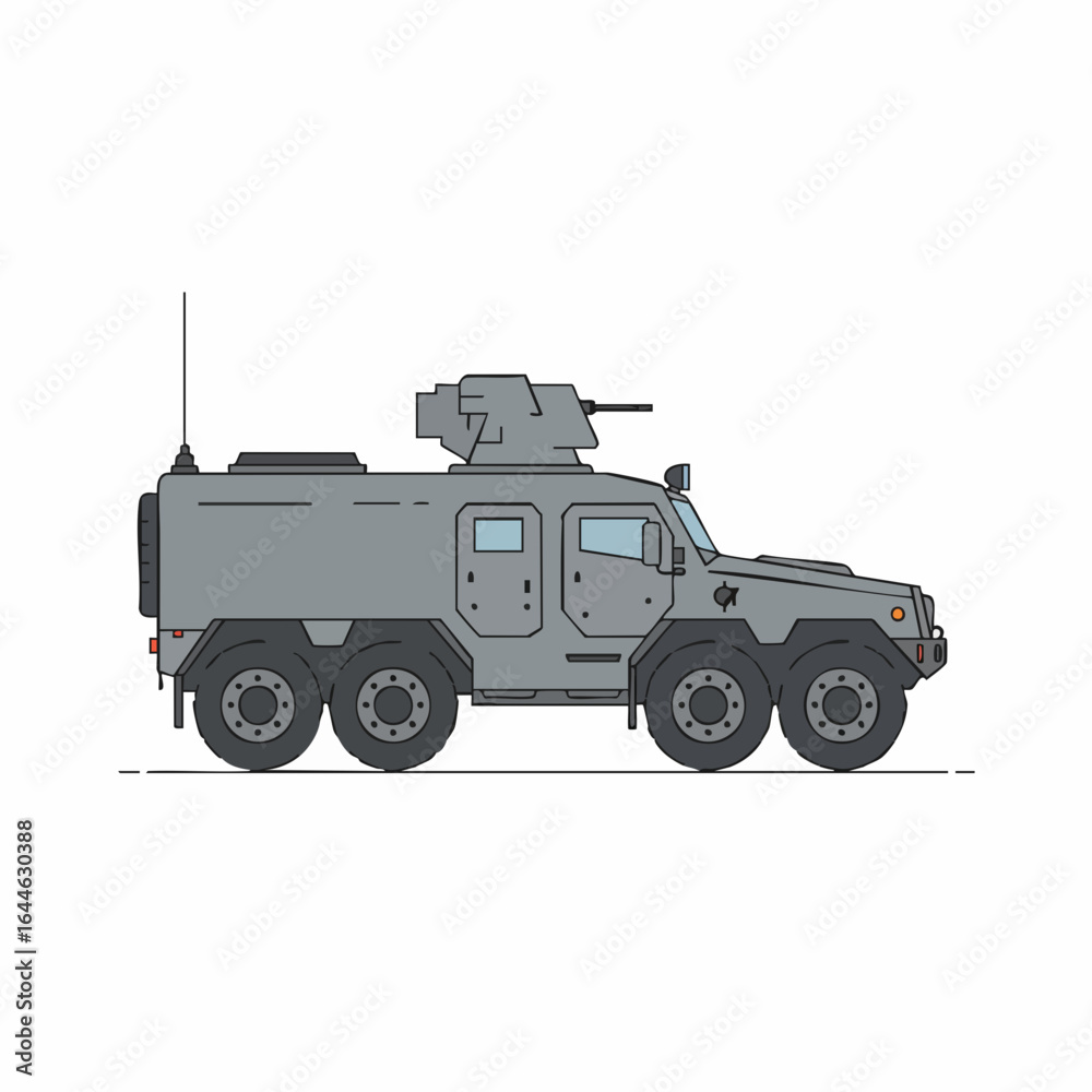 Obraz premium Armored six-wheeled vehicle with turret, antenna, and gray body, side view