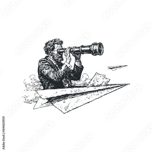Man with telescope on paper airplane looking at distance with flying paper airplanes