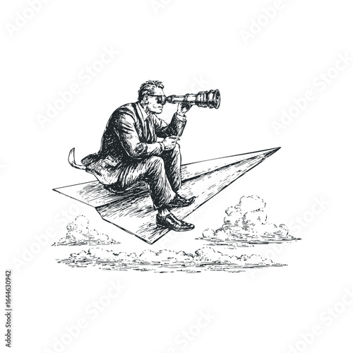 Man on paper airplane using spyglass to look toward future