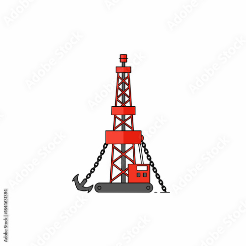 Red Oil Rig with Anchors in Simple Line Art Style