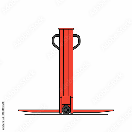 Red hand pallet truck with black handles and wheel, front view