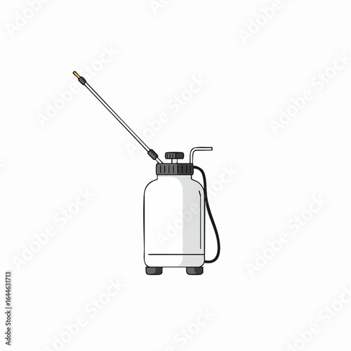 Cartoon style white garden sprayer with black hose and extended nozzle