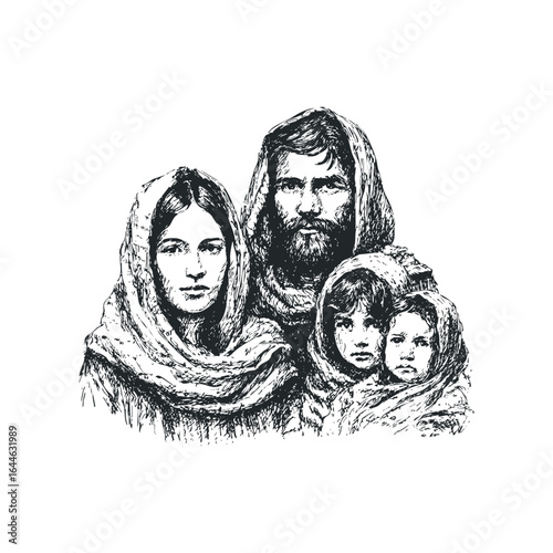 Family group portrait sketch with father mother and two children wearing head coverings