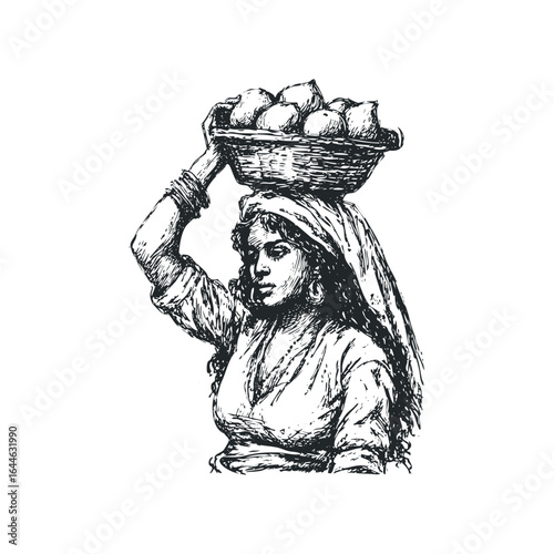 Sketch of a woman carrying a basket of fruit on her head
