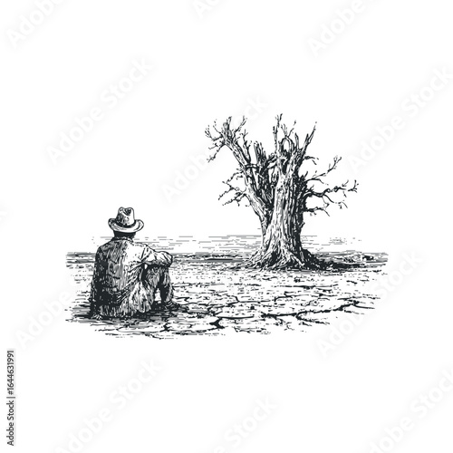 Lone man in hat sits near dry barren tree in cracked earth