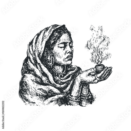 Indian Woman Holding a Burning Lamp with Smoke Wisps