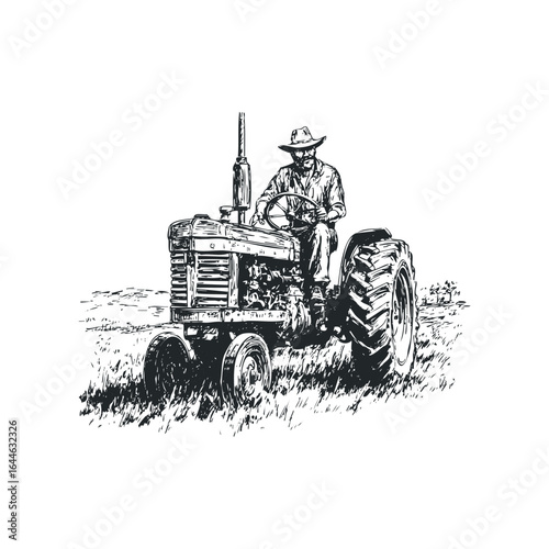 Farmer driving vintage tractor through grassy field sketch