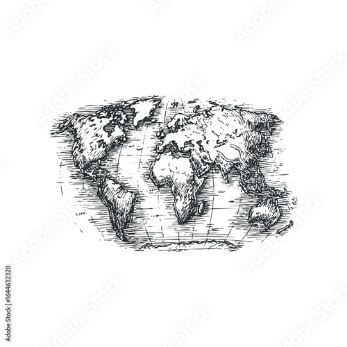 Hand drawn sketch of Earth's world map with textured continents and latitude lines