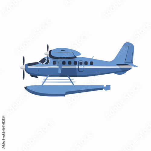 Blue Seaplane with Twin Propellers and Pontoon Floats, Side View