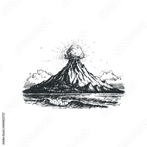 Volcano Erupting with Ash Cloud Over Ocean and Waves