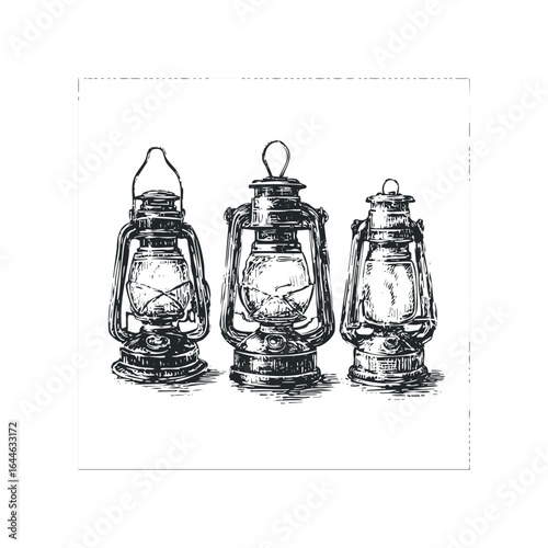Three Vintage Oil Lanterns Arranged Together in a Studio Setting
