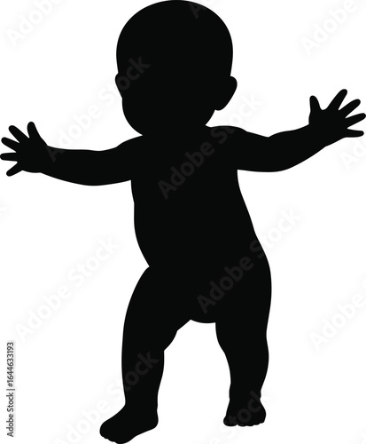 Silhouette of baby standing, arms outstretched, isolated on white background, parenting theme, family love, childhood moment, toddler pose, innocence.
