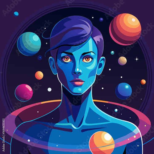 Striking blue-skinned human with vibrant planets and cosmic rings, representing futuristic exploration and discovery.