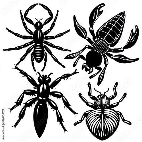 Four striking black silhouette insects with detailed legs and segmented bodies, artfully arranged for design