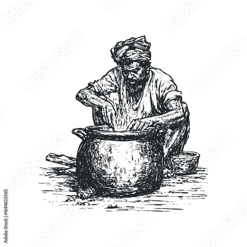 A man with a turban is mixing ingredients in a large clay pot