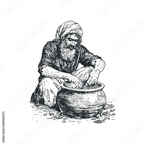 Elderly man wearing turban and traditional clothing prepares food in a large pot