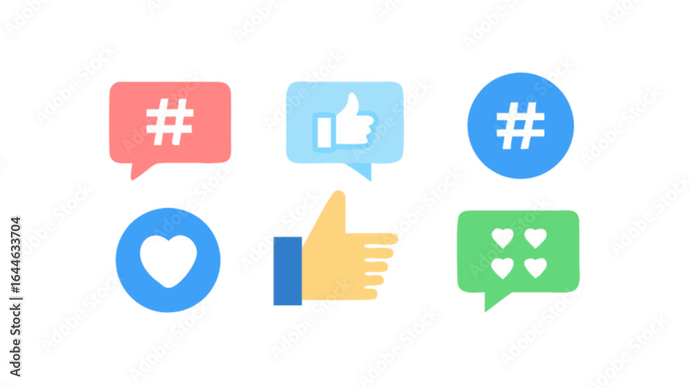 Social media engagement icons vector graphic with like comment share hashtag and heart symbols for websites Social media engagement icons vector graphic with like comment share hashtag and heart symbols for websites