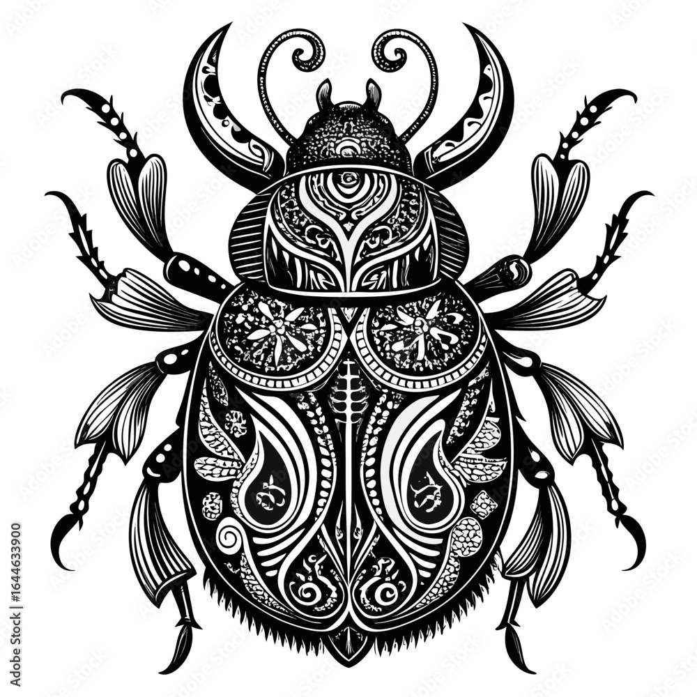 Fototapeta premium Intricate Black and White Ornamental Beetle Tattoo Design Art
