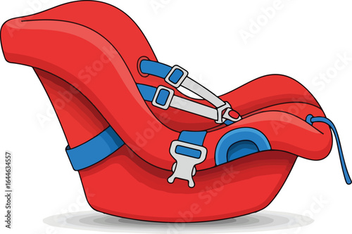 Cartoon Red Baby Car Seat with Blue and White Straps.