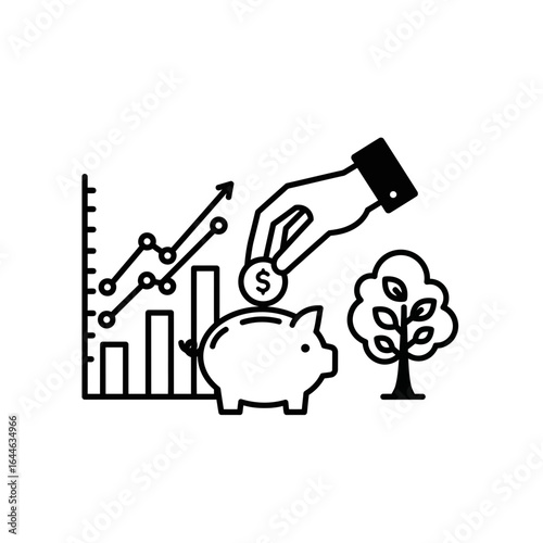 Hand putting coin in piggy bank with growth chart silhouette