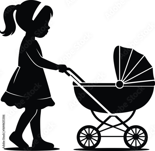Silhouette of young child pushing baby stroller, ponytail girl in dress, caregiving moment, emotional scene, childhood responsibility concept.