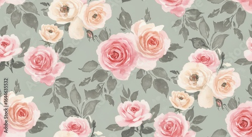 Watercolor Floral Pattern: Pink Roses and Gray Leaves.
