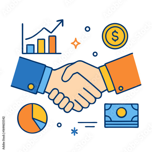 Business partnership handshake with financial graphs and money symbols, representing successful deal or agreement
