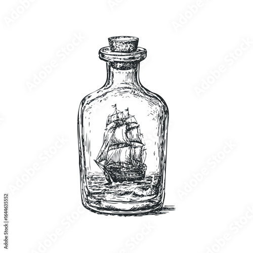 Antique sailboat sailing on wavy sea captured inside glass bottle