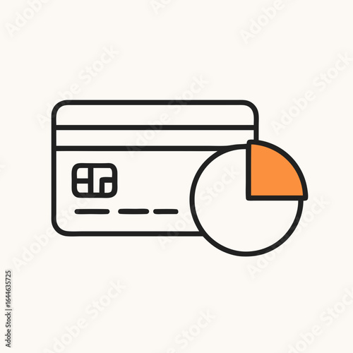 A simple line drawing of a credit card with a pie chart on a white background representing finance and statistics