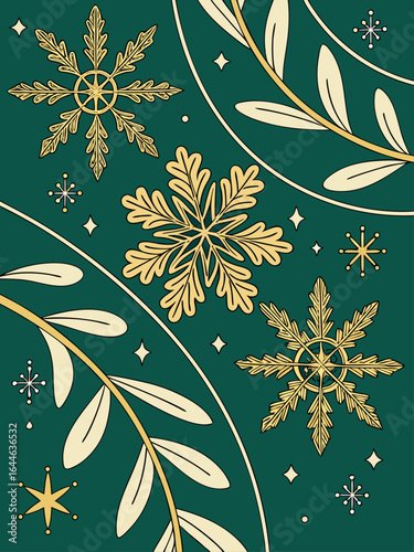 Decorative winter pattern featuring gold snowflakes, leaves, and stars on a dark green background.