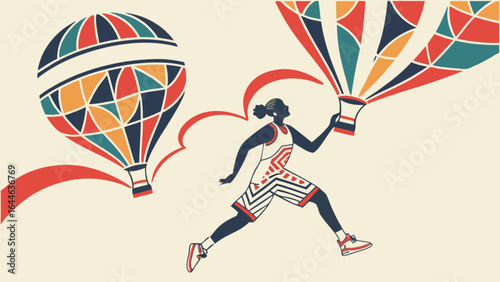 Woman running with hot air balloon vector illustration for adventure and travel themed design projects online