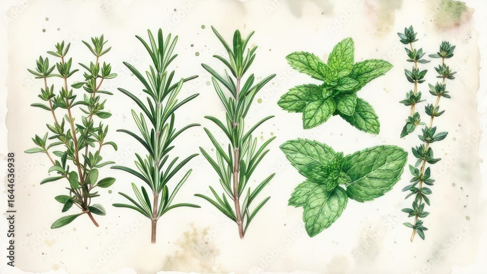 Fresh herbs watercolor illustration