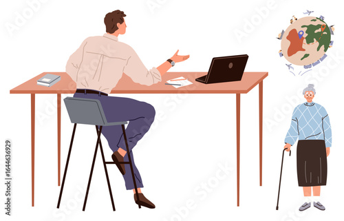Man sitting at desk with laptop gesturing towards elderly woman with cane, globe above showing elderly care. Ideal for healthcare, aging population, global issues, discussions, support services
