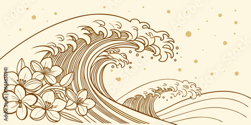 Illustration of dynamic ocean waves with stylized cherry blossoms and beige background, capturing fluid motion and tranquility.