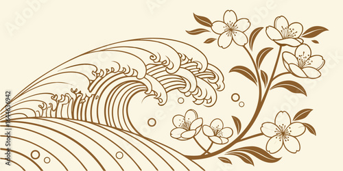 Stylized waves intermingling with floral elements in a traditional art style.