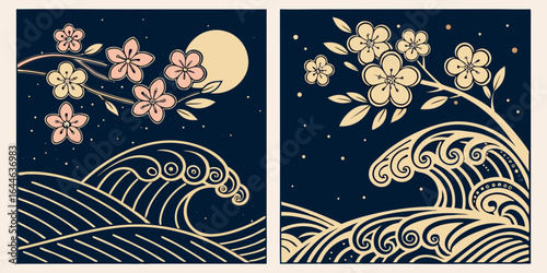 Detailed depiction of stylized waves and cherry blossoms under a moonlit sky, featuring intricate line work and vibrant contrasts.