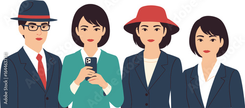 Diverse team collaborating stylishly with modern business attire and tech