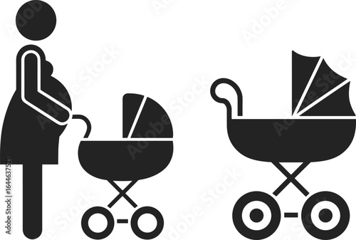 Stylized pregnant woman with baby strollers, childcare concept, parenting preparation, maternity silhouette, stroller design, family planning, motherhood theme, vector art.