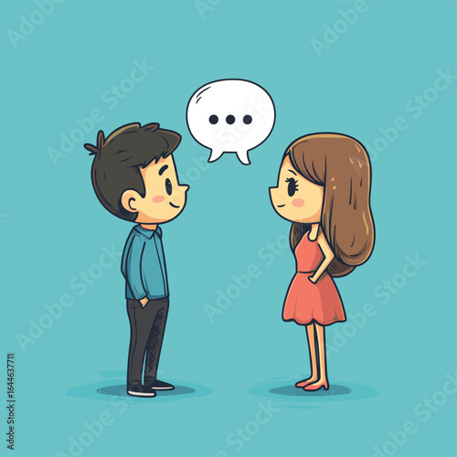 Cartoon Man and Woman exchanging different ideas, vector style simple color